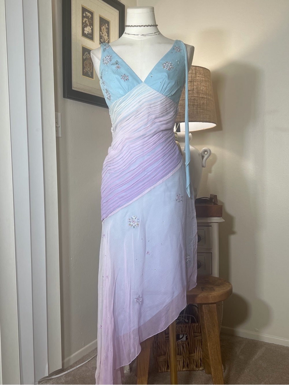 Laundry By Shelli Segal Pastel Silk Beaded Asymmetrical Evening Dress
